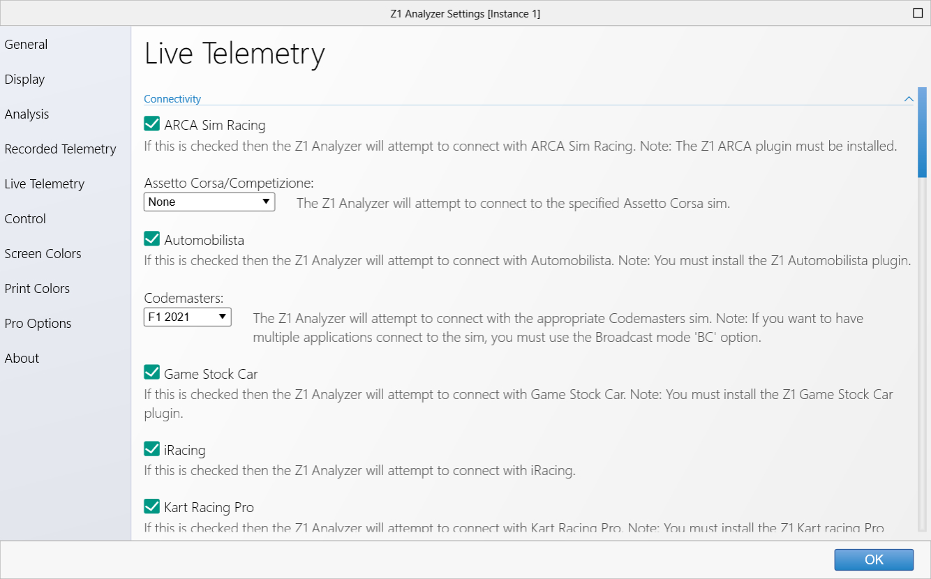 Analyzer Live Telemetry Settings