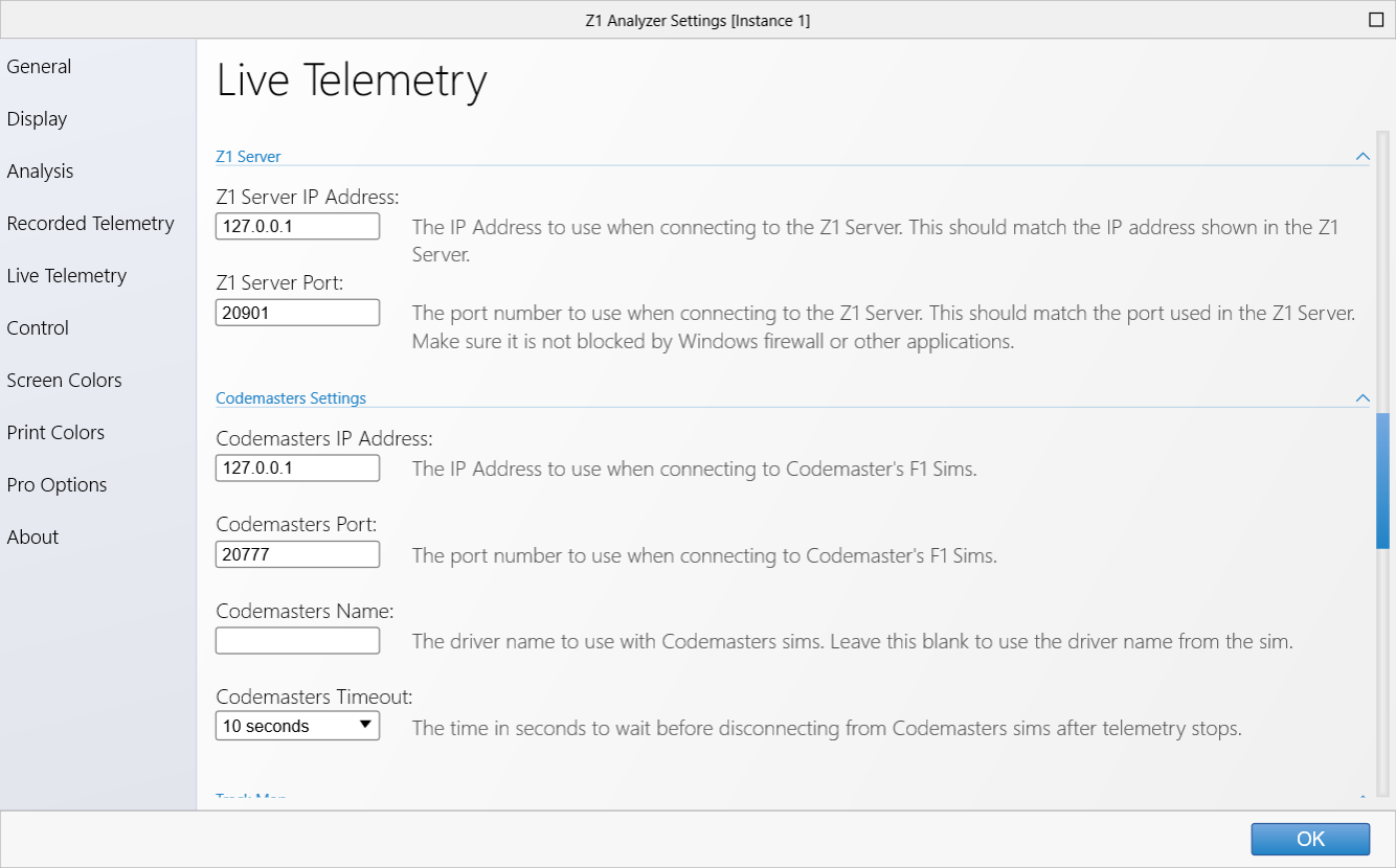 Analyzer Live Telemetry Settings