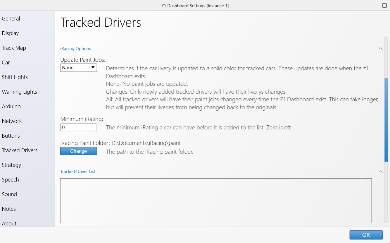 Track Drivers Settings Tab