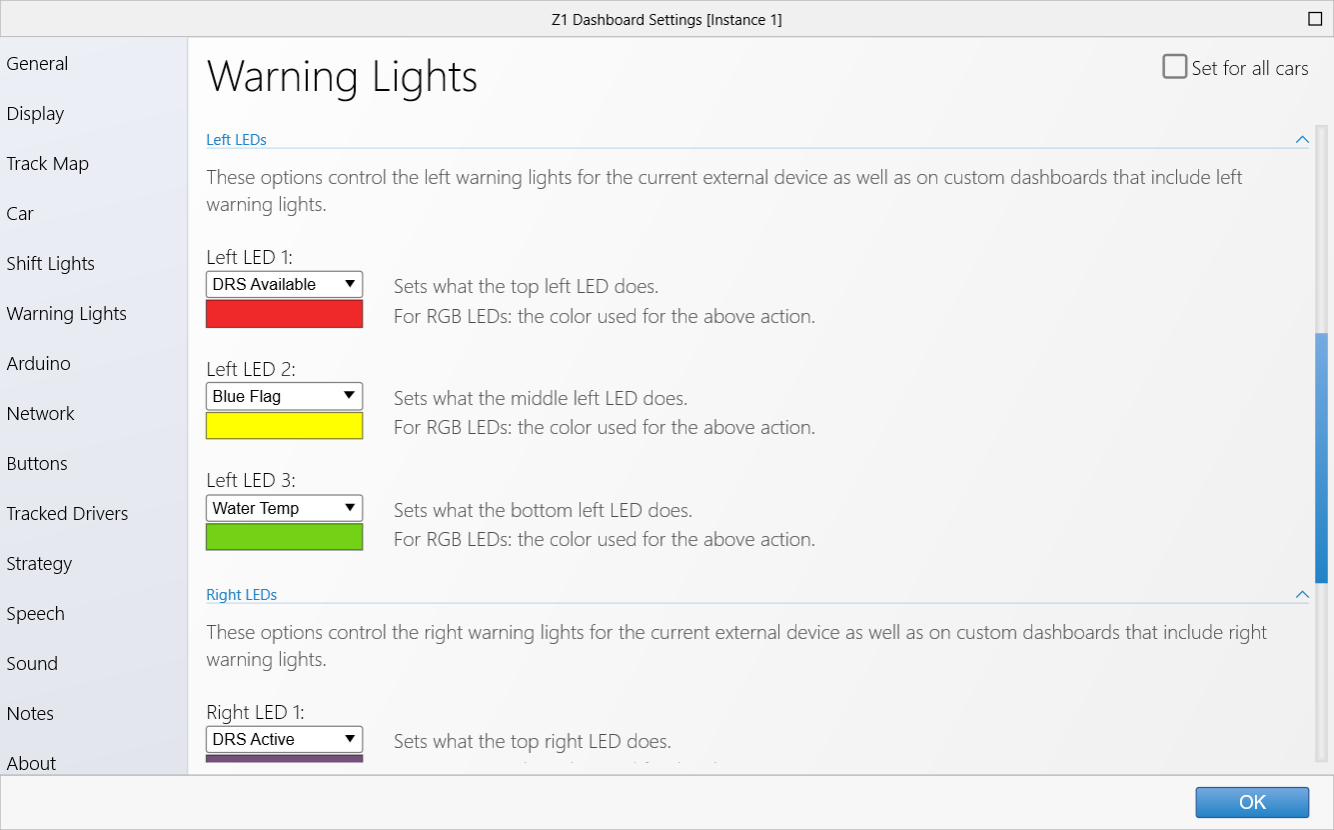 Warning Lights Settings Tab