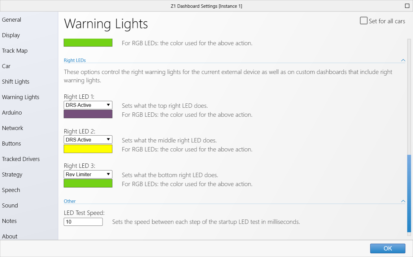 Warning Lights Settings Tab